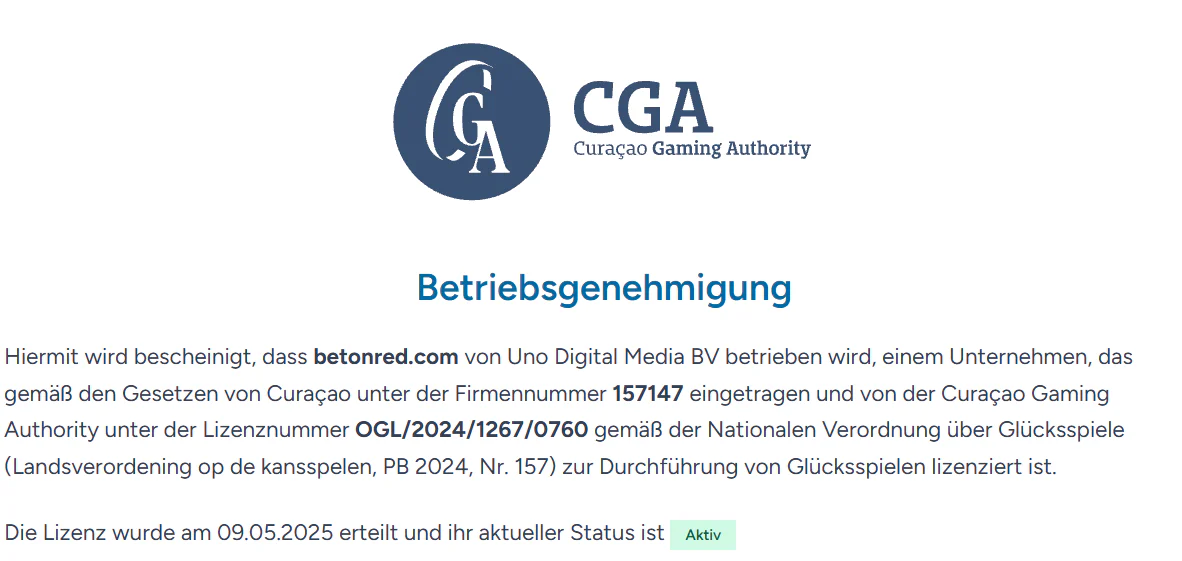BetOnRed Casino Lizenz der Curaçao Gaming Authority mit aktiver Betriebsgenehmigung