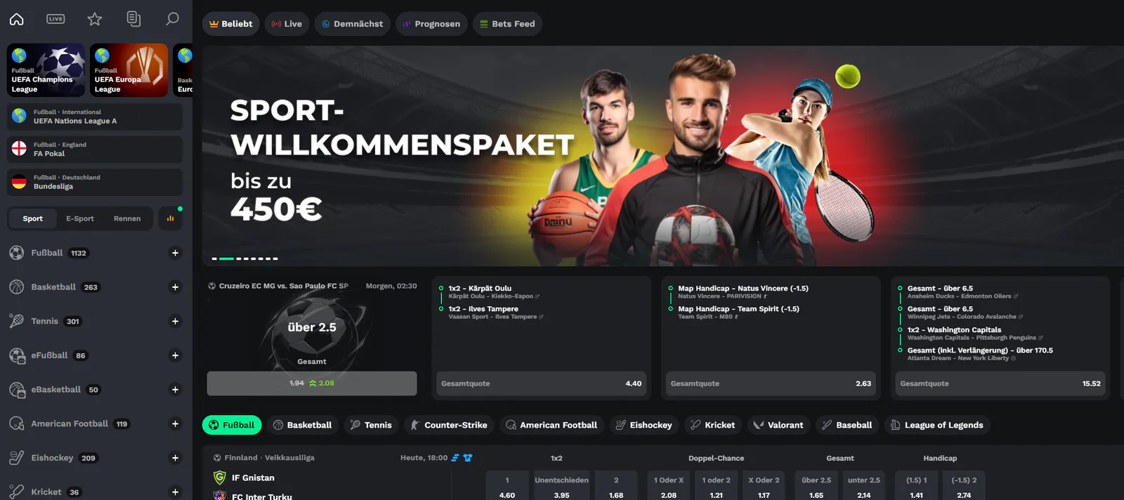 BetOnRed Casino Sportwetten mit Fußball, Basketball, Tennis, E-Sport und Sport-Willkommenspaket bis 450 €